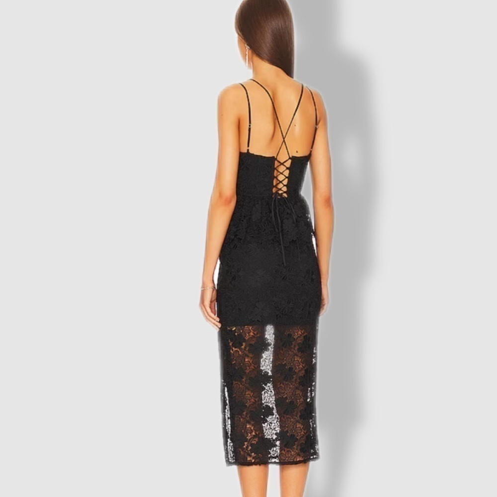 LPA woman’s XL Madonna black lace corset peplum midi dress with spaghetti straps - Picture 3 of 14